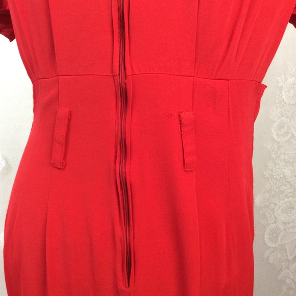 Vintage Red Mock Paper-bag Midi Sheath Dress 12 - Picture 11 of 13